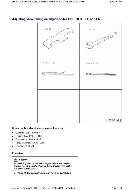 Adjusting valve timing on engine codes BDE, BFH, BJS and BML