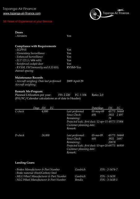 Technical Specifications - Topanga Air Finance