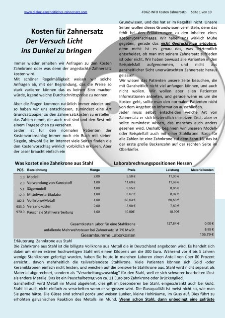 Zahnarztkosten Zahnarzthonorar Fur Zahnkrone Dialog