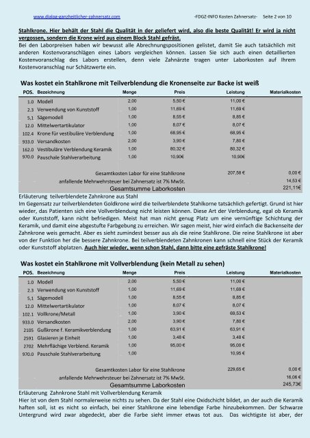 Zahnarztkosten (Zahnarzthonorar) für Zahnkrone - Dialog ...