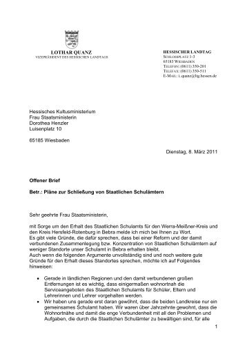 Offener Brief zu den Plänen zur Schließung von - Quanz, Lothar