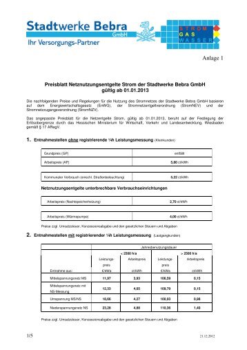 Preisblätter Netzentgelte Strom ab 01.01.2013 - Stadtwerke Bebra ...