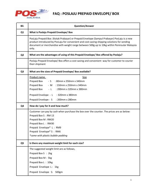 FAQ : POSLAJU PREPAID ENVELOPE/ BOX