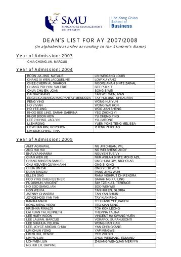 Dean's List for AY 2007-2008 - Lee Kong Chian School of Business