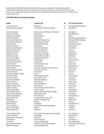View Fall 2011 Dean's List (pdf) - Iowa State University