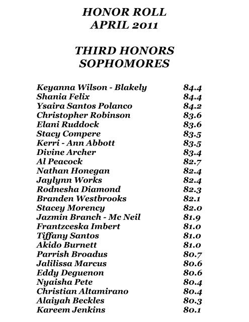 HONOR ROLL APRIL 2011 FIRST HONORS SENIORS