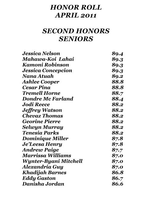 HONOR ROLL APRIL 2011 FIRST HONORS SENIORS