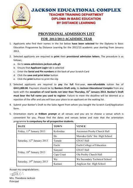 provisional admission list for 2012/2013 academic year - Jackson ...