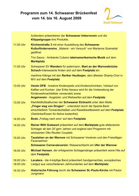 Programm zum 14. Schwaaner Brückenfest vom 14. bis 16. August ...