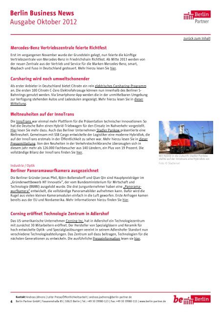 Berlin Business News Ausgabe Oktober 2012 - Berlin Partner GmbH