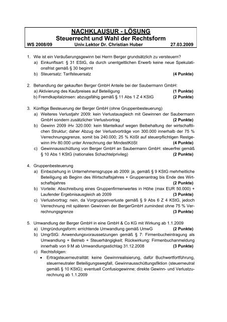 NACHKLAUSUR - LÖSUNG Steuerrecht und Wahl der Rechtsform