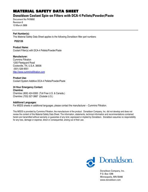 MATERIAL SAFETY DATA SHEET Donaldson Coolant Spin-on