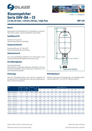 Blasenspeicher Serie EHV–DA – CE - Olaer AG