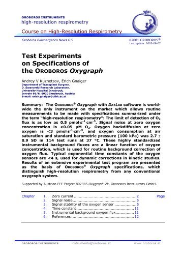 Test Experiments on Specifications of the OROBOROS Oxygraph
