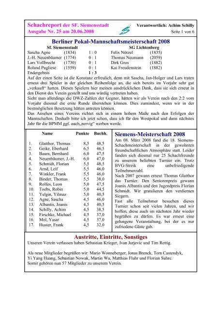 Schachreport der SF. Siemensstadt - der Schachfreunde Siemensstadt