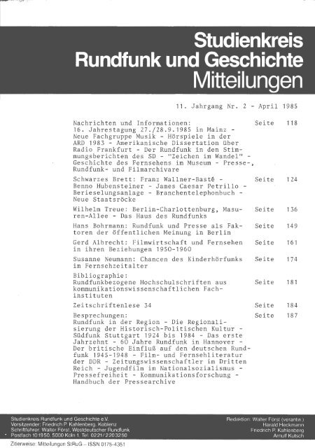 1985, 11. Jahrgang (pdf) - Studienkreis Rundfunk und Geschichte