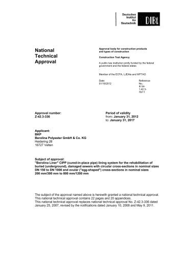 National Technical Approval - BKP Berolina Polyester GmbH & Co. KG