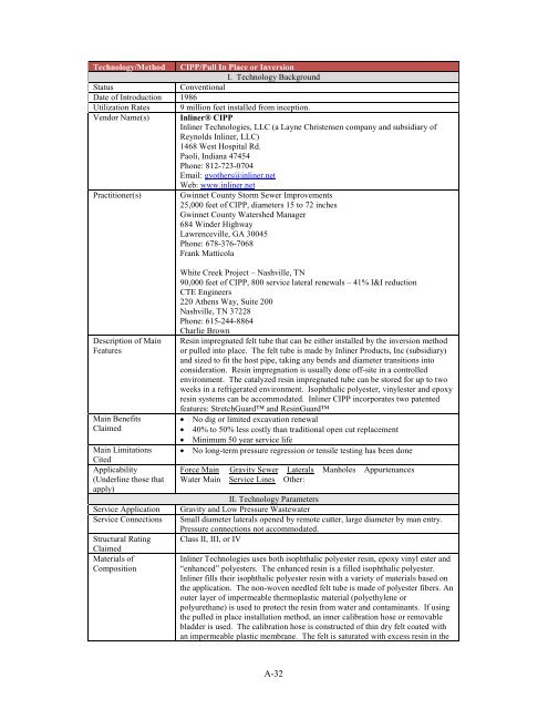 State of Technology Report for Force Main Rehabilitation, Final ...