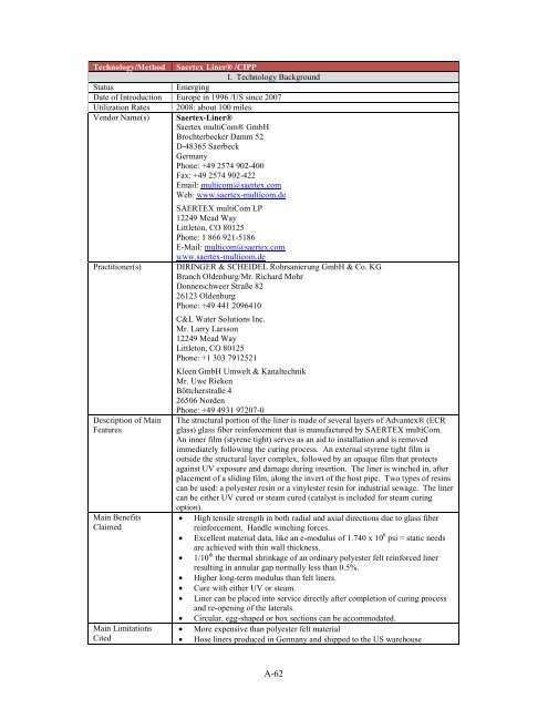 State of Technology Report for Force Main Rehabilitation, Final ...