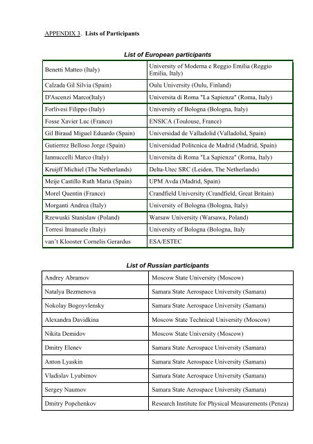 APPENDIX 3. Lists of Participants List of European participants ...