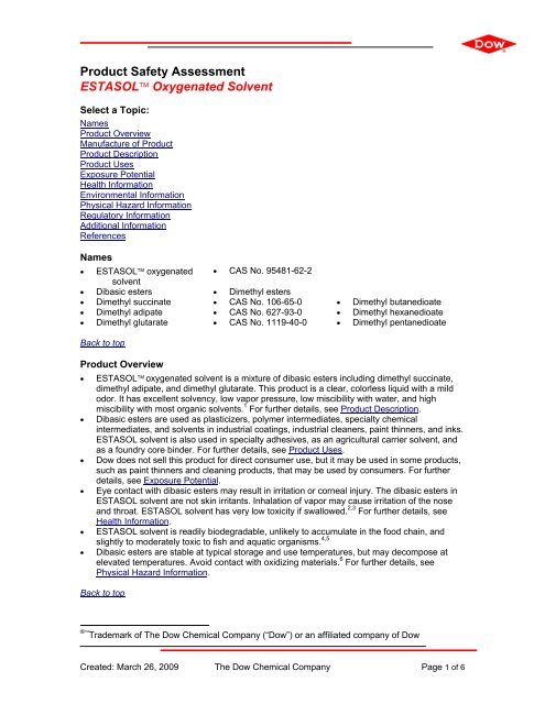 Product Safety Assessment ESTASOLÃ¢ÂÂ¢ Oxygenated Solvent