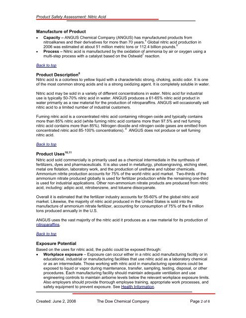 Product Safety Assessment Nitric Acid - The Dow Chemical Company