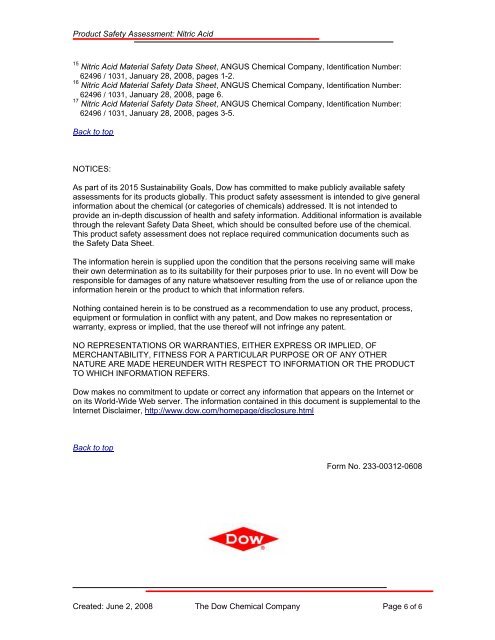 Product Safety Assessment Nitric Acid - The Dow Chemical Company