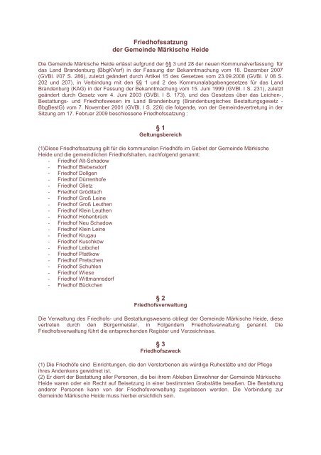 Friedhofssatzung der Gemeinde Märkische Heide § 1 § 2 § 3