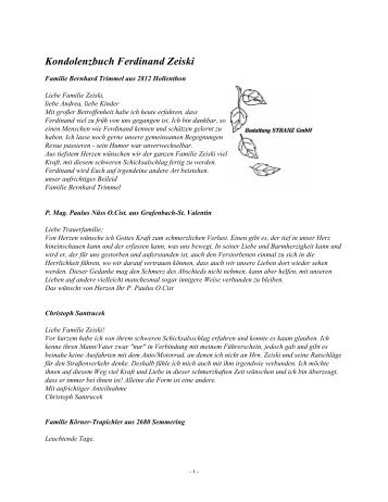 Kondolenzbuch Ferdinand Zeiski - Bestattung STRANZ Grafenbach