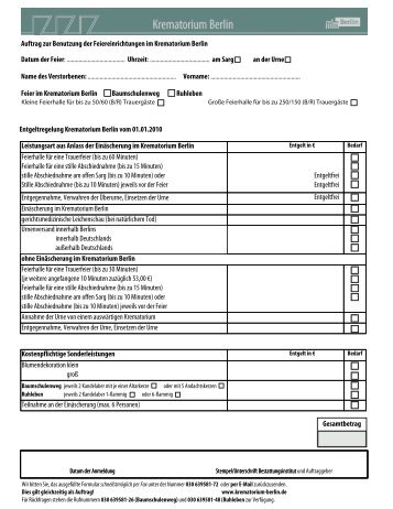 Auftrag zur Nutzung der Feiereinrichtungen - Krematorium Berlin