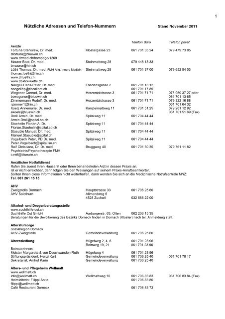 Nützliche Adressen und Telefon-Nummern - Dornach