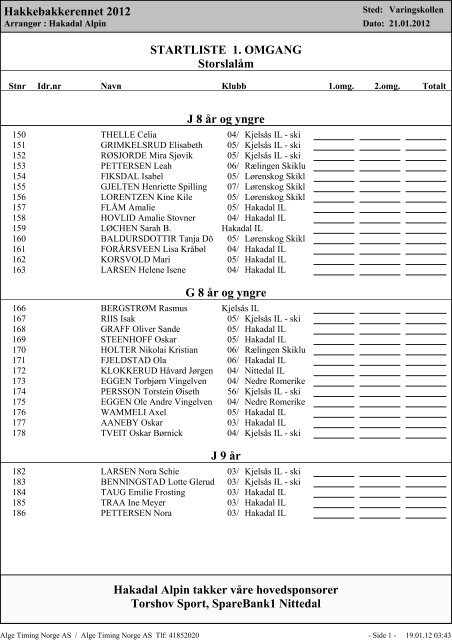 startliste - Hakadal IL