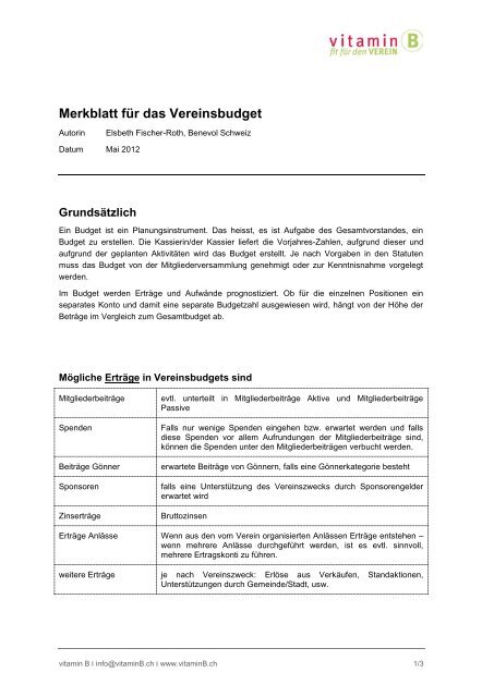 Merkblatt für das Vereinsbudget - Vitamin b