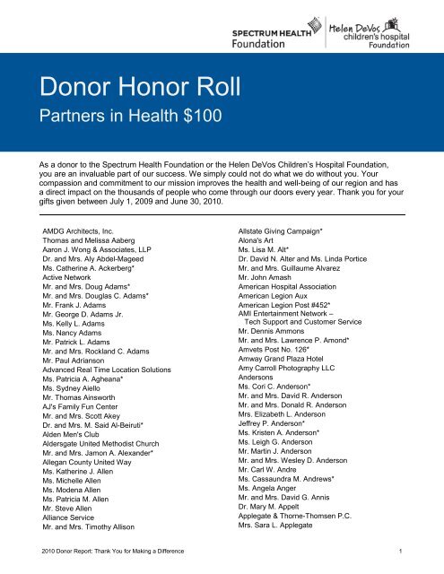 Donor Honor Roll - Spectrum Health Foundation