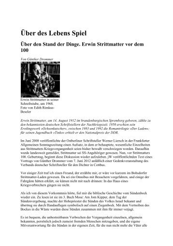 Über des Lebens Spiel Über den Stand der Dinge. Erwin Strittmatter ...