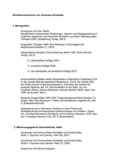 Schriftenverzeichnis von Johannes Schwitalla - Germanistik ...