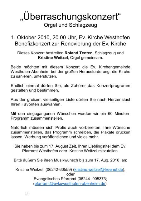 Juni bis August - Evangelische Kirchengemeinde Westhofen und ...