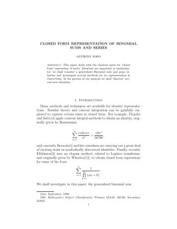 CLOSED FORM REPRESENTATION OF BINOMIAL SUMS AND ...