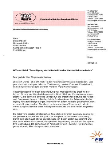 Herrn Bürgermeister Gemeinde Kürten Ulrich Iwanow ... - BfB Kürten