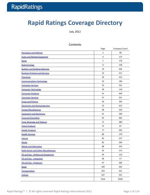 Rapid Ratings Coverage Directory