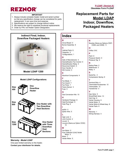 Replacement Parts for Model LDAP Indoor, Downflow ... - Reznor