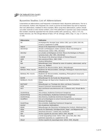 List of Abbreviations | Byzantine Studies | Research | Dumbarton Oaks