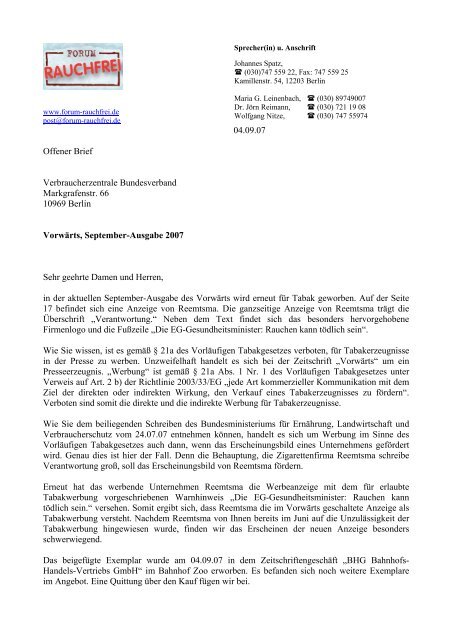 04.09.07 Offener Brief Verbraucherzentrale Bundesverband ...