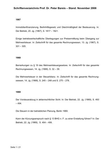 Schriftenverzeichnis Prof. Dr. Peter Bareis – Stand: November 2008