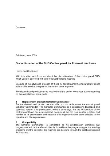 Discontinuation of the BHG Control panel for Posiweld ... - Schlatter