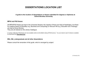 DISSERTATIONS LOCATION LIST - Oxford Brookes University