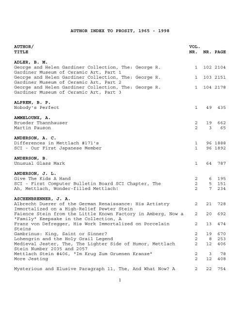 author index to prosit, 1965 - Stein Collectors International
