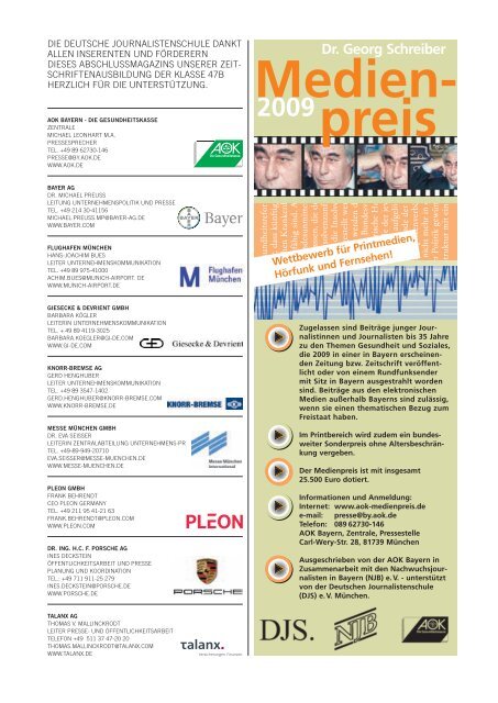 Dr. Georg Schreiber 2009 Medien- preis