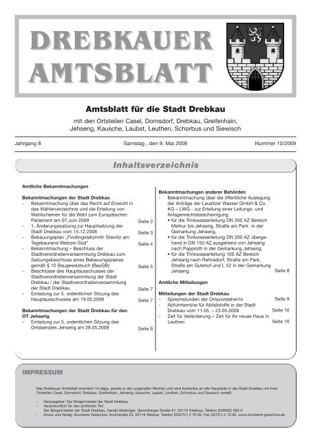 DREBKAUER AMTSBLATT Inhaltsverzeichnis - Stadt Drebkau