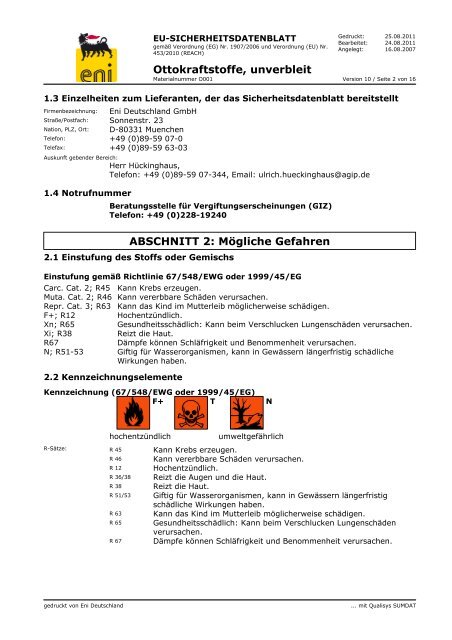 Ottokraftstoff (D) - Sicherheitsdatenblätter